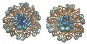 Vintage Pale Gold Tone and Ice Blue Diamante Earrings